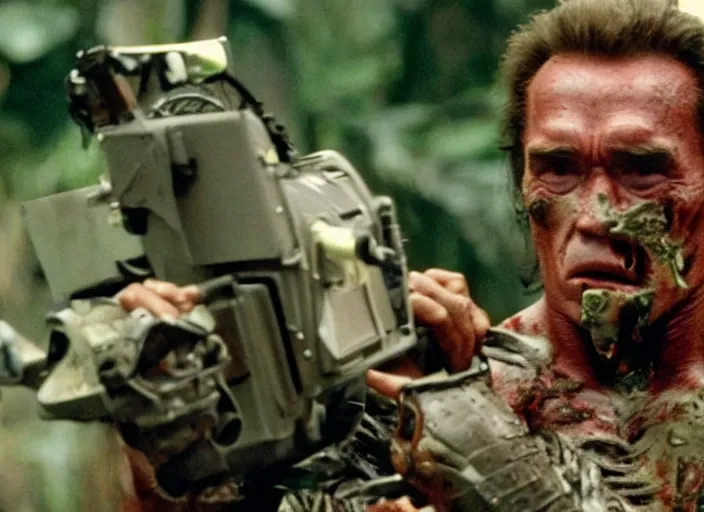 Prompt: polaroid movie still of arnold schwarzenegger in the movie predator fighting against zombie trump