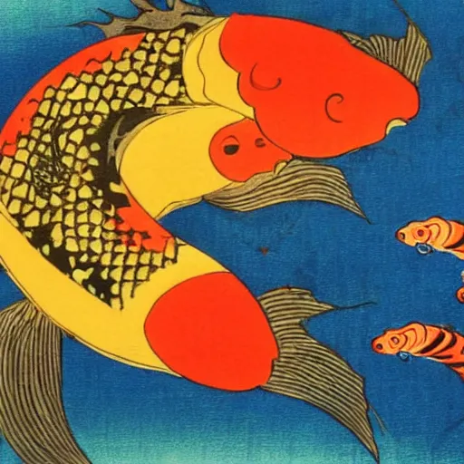 Image similar to koi fish, dragon, sunset, samorai, eating sushi, gensha, ukiyo - e