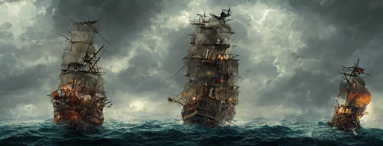 Image similar to pirate ship in the middle of the ocean with thunderstorms, cinematic, concept art