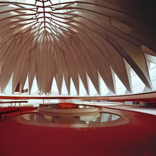 Image similar to interior of a futuristic lotus temple space station with gold, red and white marble panels, by buckminster fuller and syd mead, intricate contemporary architecture, photo journalism, photography, cinematic, national geographic photoshoot