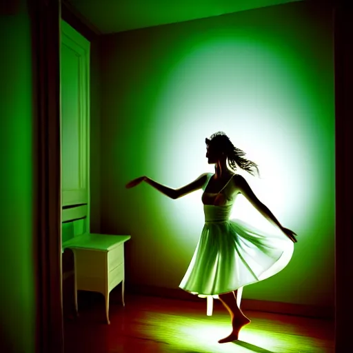 Image similar to cute girl wearing white dancing joyfully in her bedroom at night, dark green atmospheric lighting, elegant, highly detailed, heavy grain, sharp focus, depth of field, radiant light, 8 k, hdr, beautiful composition, photographed by steve mccurry