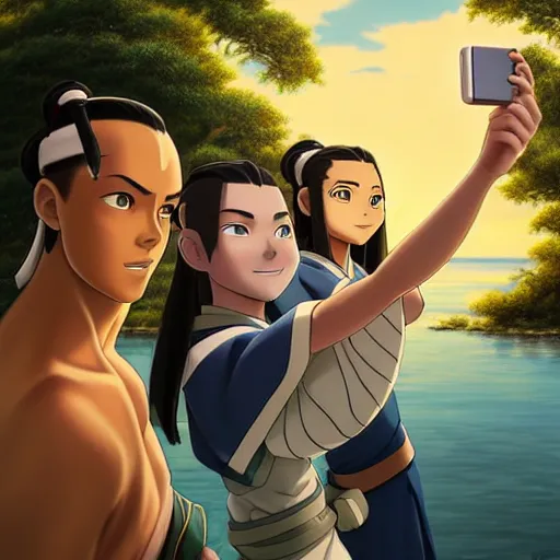 Image similar to beautiful serene intricate portrait of sokka and toph from avatar the last airbender taking a selfie, smiling softly, relaxing on the beach, golden hour, soft focus, 8 k, art by irakli nadar, hyperrealism, hyperdetailed, ultra realistic