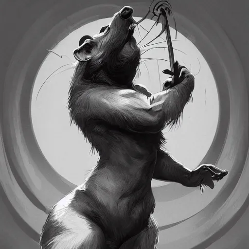 Image similar to masterpiece painting of a black and white spotted antropomorphic bizarre human rat highly detailed, digital painting, artstation, concept art, smooth, sharp focus, illustration, art by artgerm and greg rutkowski and alphonse mucha