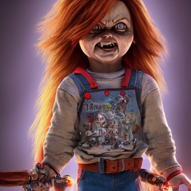 Image similar to chucky the doll, centred, very long hair, hd, hyperdetailed illustration by irakli nadar, intricate linework, bright colors, octopath traveler, final fantasy, unreal engine 5 highly rendered, global illumination, radiant light