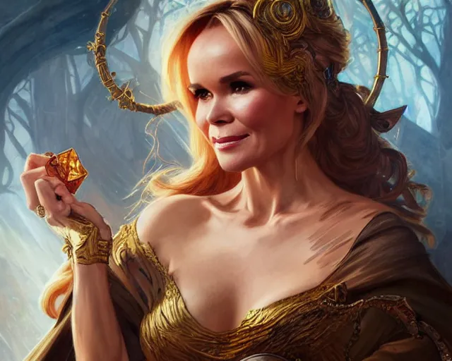 Image similar to amanda holden as a sorceress, deep focus, d & d, fantasy, intricate, elegant, highly detailed, digital painting, artstation, concept art, matte, sharp focus, illustration, hearthstone, art by artgerm and greg rutkowski and alphonse mucha