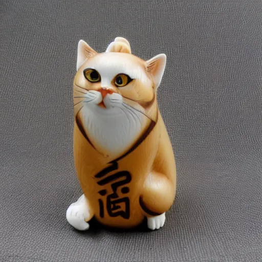 Image similar to elegant anthropomorphic cat figurine wearing a kimono, brown resin, highly detailed, intricate, monotone, shy looking down