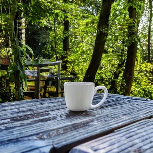 Prompt: in a small garden at the back of a family house, view of the forest at the edge of the garden, from the wooden terrace, a mug is placed on the plastic table on the terrace. summer sunny day. in the shade of the trees. 50mm.