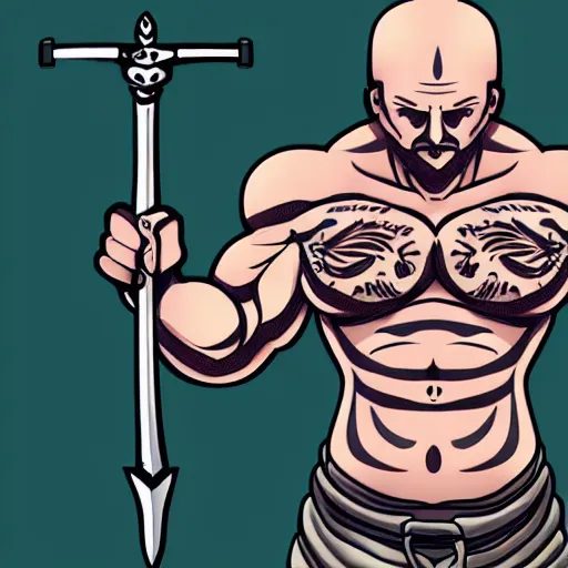 Image similar to muscular bald man, tattooed body, sword in hands, HD, anime style,