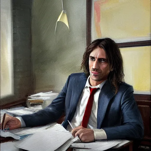 Prompt: scene at office with an handsome man of 3 9 years old, green eyes, light brown, good looking, wide round nose, mid long hair, in an office by david rutkowski, by artgem