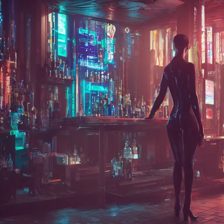 Image similar to cyberpunk woman is standing near the bar by Dylan Kowalski, photorealism, elegant woman, render, unreal engine, 3d art