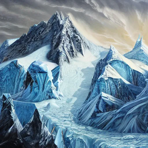 Image similar to perilous trailblazer Antarctica glacial cult mountain king, realistic fantasy, oil painting, extremely high detail, photorealistic, cinematic lighting, oil painting, intricate line drawings, 4k resolution