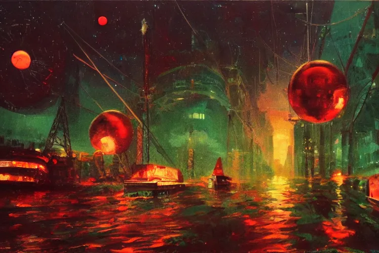 Image similar to river boats speeding between spherical tree houses on flooded streets of new york painting, red and green palette, night lights, starry sky, by ( ( ( ( ( ( ( ( ( h. r. giger ) ) ) ) ) ) ) ) ) and paul lehr