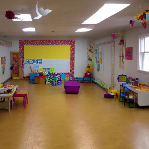 Image similar to childrens daycare indoors no windows limital space, not well lit, creepy photo