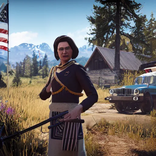 Prompt: queen elizabeth as an npc in far cry 5, ingame screenshot, 1080p