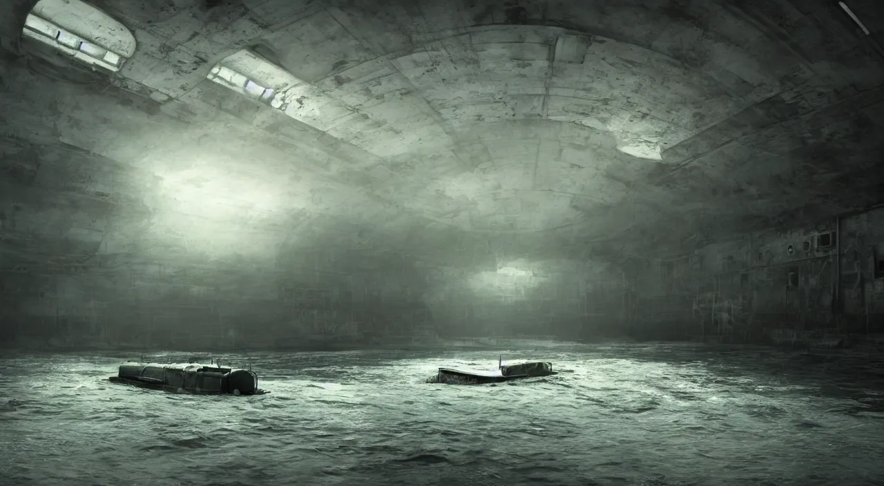 Image similar to inside an empty and abandonned ussr uboat, very dark mood, light beams comming from tiny holes, concept art, 4 k, art station trend, octane render, sharp and highly detailed