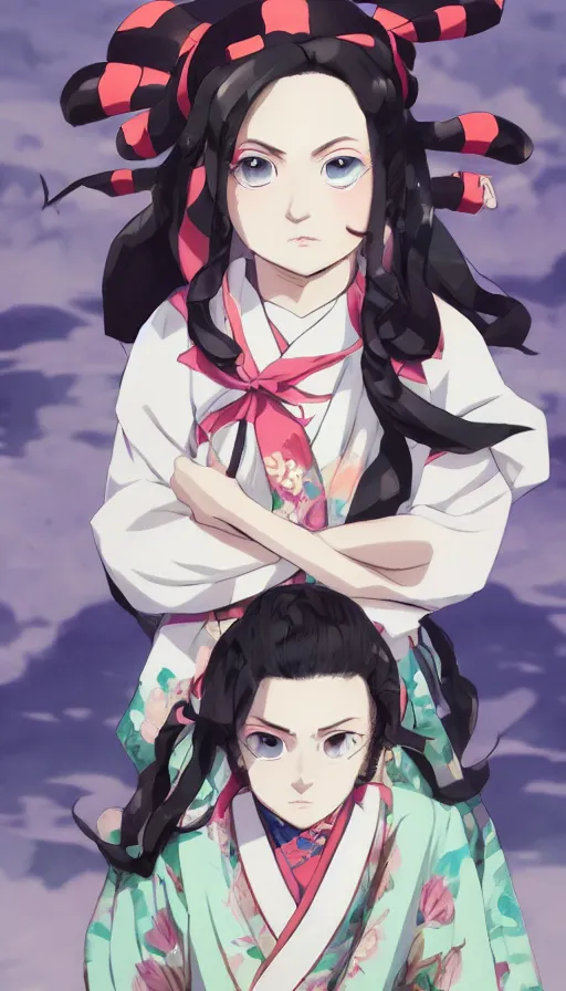 Image similar to portrait Nezuko Kamado, Kimetsu no Yaiba high details, artstation, cinematic lighting, epic vibe, epic concept art, photorealistic, environment, volumetric lighting, super wide angle, ultra wide angle