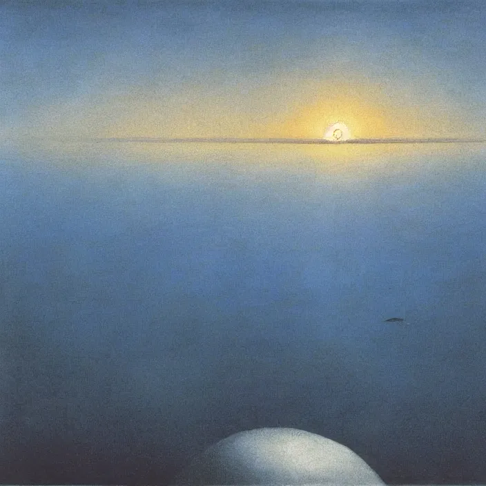 Image similar to the first blue color getting out of the primordial ocean to walk on land. sunset through the clouds. codex seraphinianus. painting by yves tanguy, caspar david friedrich, moebius, walton ford, rene magritte