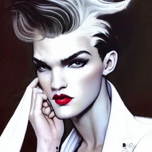 Image similar to stunning portrait of androgynous ruby rose as desire from sandman in a white tuxedo!!!, rockabilly style, by frank moth, by alphonse mucha, by jeremy mann, by peter lindbergh, dave mckean, white suit and black tie, soft lightning, high detailed, 8 k