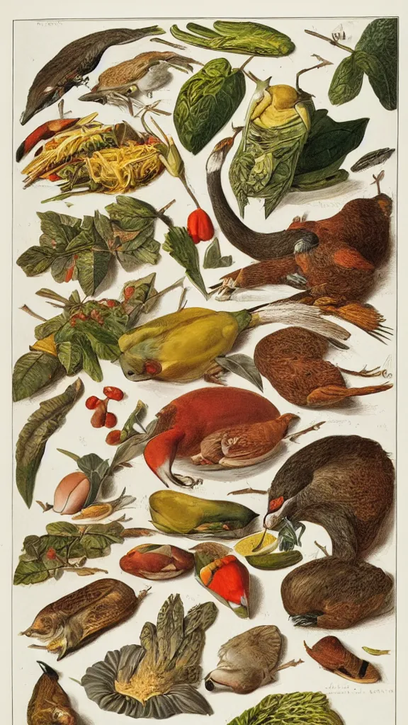 Image similar to a collection of food, illustration by john james audubon circa 1 8 3 8