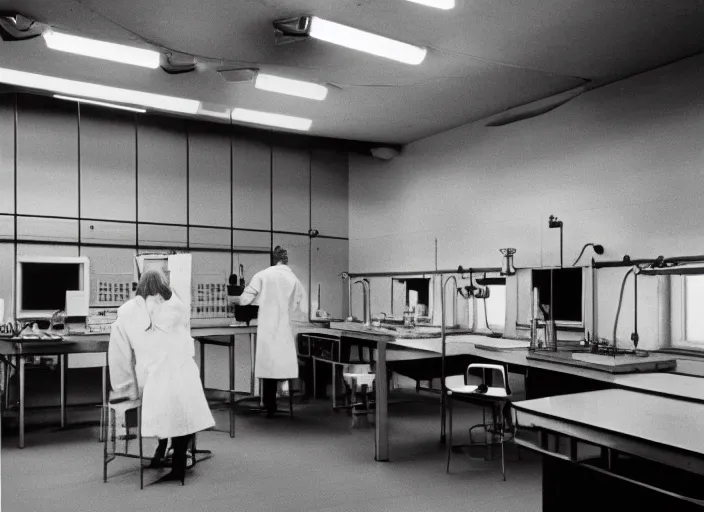 Prompt: realistic photo of the old science laboratory, wooden walls brass panels, brass equipment and computers, people wearing white hairy fluffy cotton suits, dark sky in a window. 1 9 8 0, archive museum, documentary