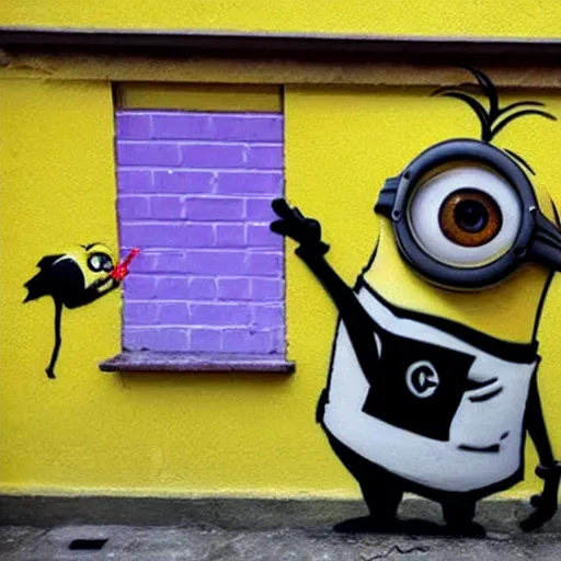 Image similar to Banksy graffiti of a minion,