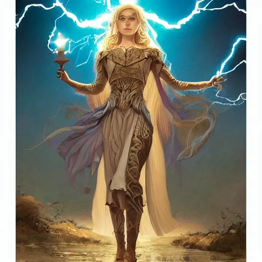 Image similar to a detailed tarot card of a human wizard casting a spell, female, auburn hair with blonde highlights, crackling blue lightning, fantasy, d & d, intricate, elegant, highly detailed, digital painting, artstation, concept art, matte, sharp focus, illustration, in the style of magic the gathering, art by artgerm and greg rutkowski and alphonse mucha