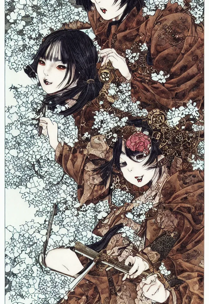 Prompt: portrait of steampunk girl samurai with swords combat pose in snow forest trending on artstation takato yamamoto junji ito