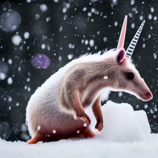 Image similar to unicorn mouse with soft wings searching for food in the snow, macro shot, soft light of winter, award winning photo, national geographic,