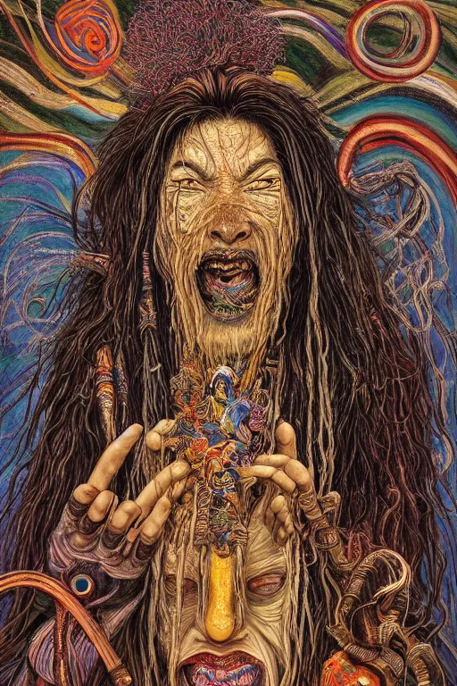 Prompt: a high hyper - detailed painting with complex textures, of an oriental shaman with tangled hair and a terrifying mask, wears a tunic vs. barefoot and has a cane, he is performing a ritual to access the world of imagination and dreams, cosmic horror spiritual visionsrio psychedelic weird bizarre art