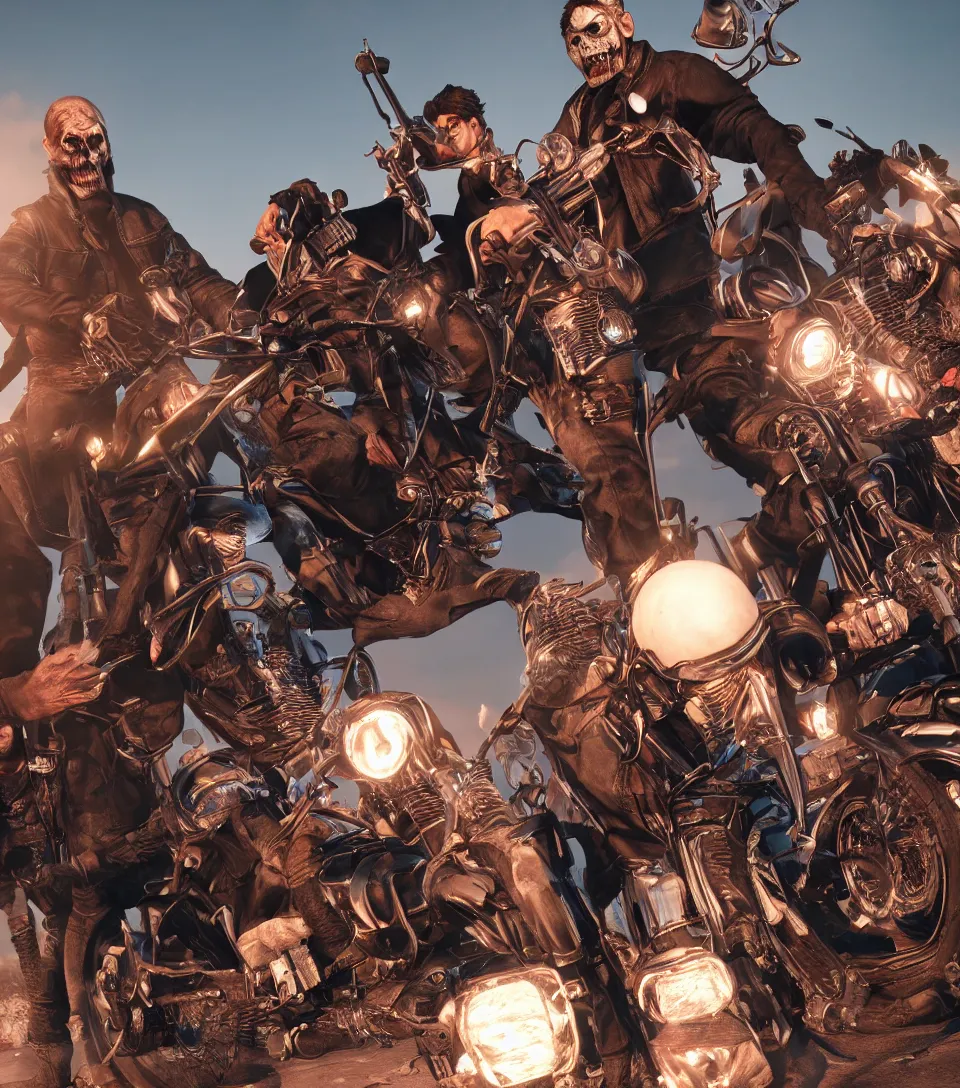 Image similar to hyper realistic undead outlaw bikers in epic focus, dramatic lighting, highly detailed, octane, unreal 5