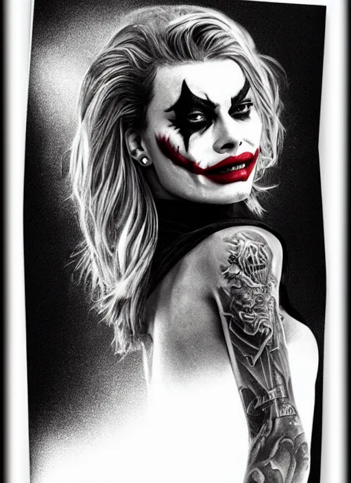 Image similar to tattoo design of margot robbie with joker makeup, ace card, in the style of niki norberg, realistic face, black and white, realism tattoo, hyper realistic, highly detailed