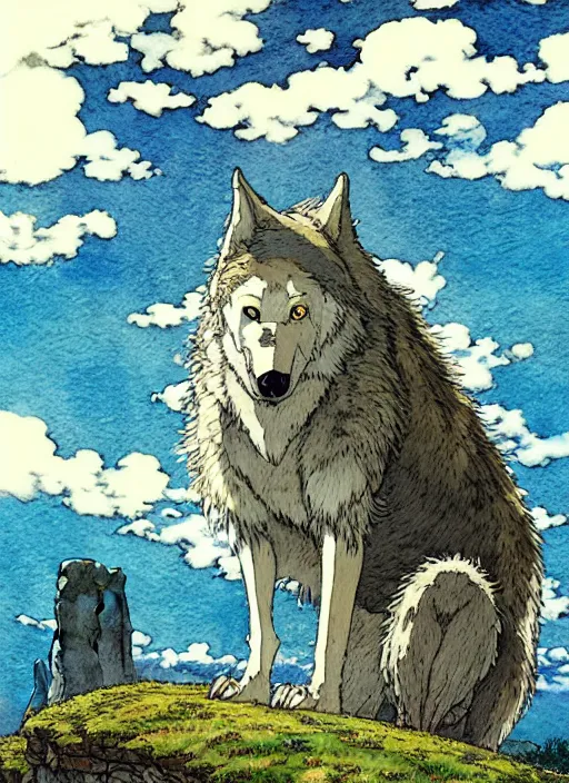 Prompt: hyperrealist studio ghibli watercolor fantasy concept art of a giant wolf from howl's moving castle sitting on stonehenge like a chair. it is a misty starry night. by rebecca guay, michael kaluta, charles vess