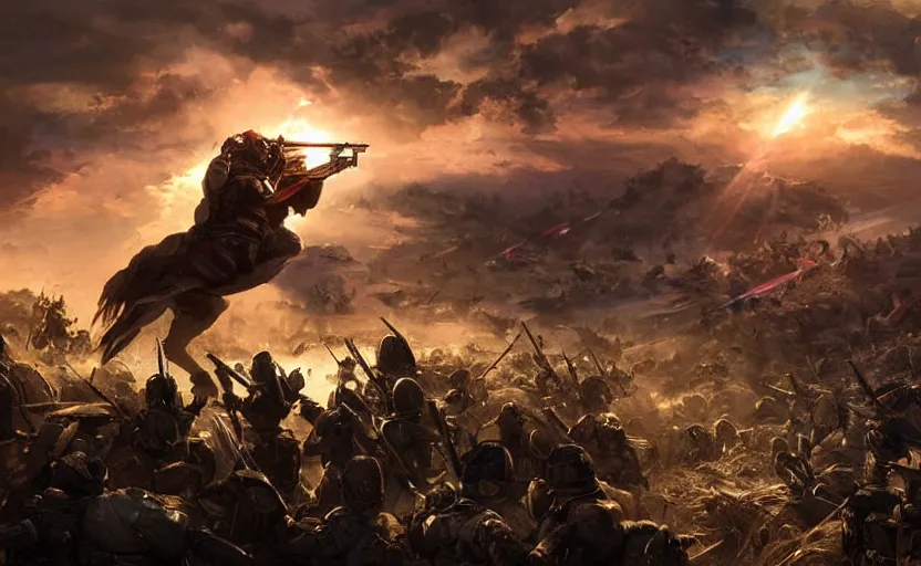 Image similar to epic cinematic artwork overview above an army charging to the enemy with the commander at the front with his sword raised, sun rays on him by greg rutowski