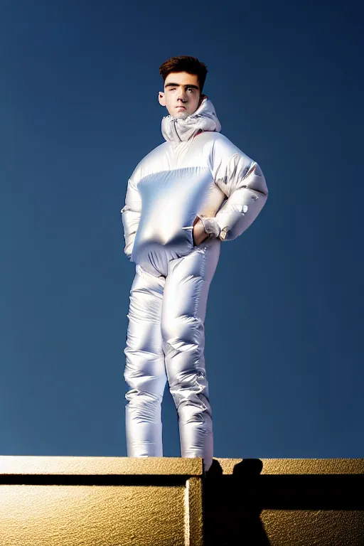 Image similar to un ultra high definition studio quality photographic art portrait of a young man standing on the rooftop of a british apartment building wearing soft baggy inflatable padded silver iridescent pearlescent clothing. three point light. extremely detailed. golden ratio, ray tracing, volumetric light, shallow depth of field. set dressed.