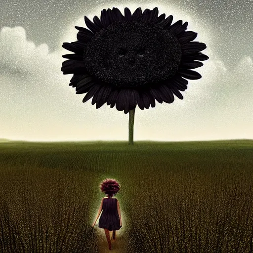 Image similar to giant black daisy flower face, girl walking in wheat field, hills, surreal photography, dark night, star trails, dramatic light, impressionist painting, clouds, digital painting, artstation, simon stalenhag