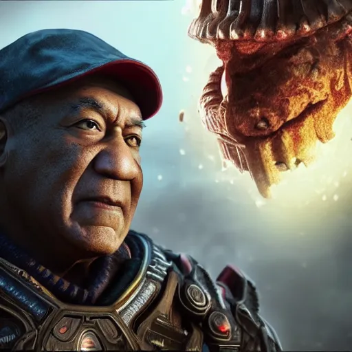 Image similar to asian!! bill cosby with conical hat in gears of war, splash art, movie still, detailed face, photorealistic facial features, cinematic lighting, dramatic, octane render, long lens, shallow depth of field, bokeh, anamorphic lens flare, 8 k, hyper detailed, 3 5 mm film grain