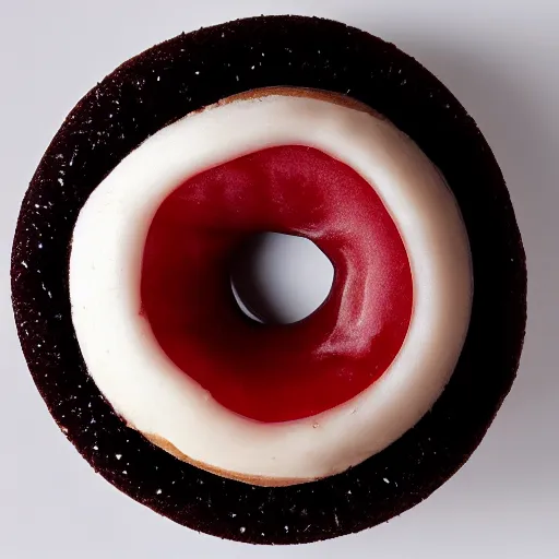 Image similar to Perfectly circular donut!!!!! in the style of a cherry!!!!!!, trending on artstation, 4k, 8k, professional photography, overhead shot, 35mm lens