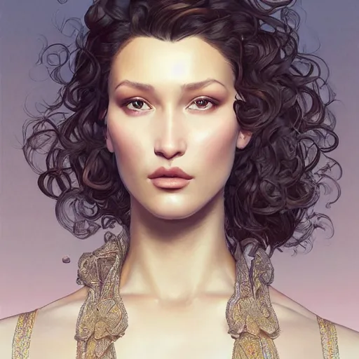 Image similar to ultra realistic illustration, bella hadid wearing a curly english mustache, intricate, elegant, highly detailed, digital painting, artstation, concept art, smooth, sharp focus, illustration, art by artgerm and greg rutkowski and alphonse mucha