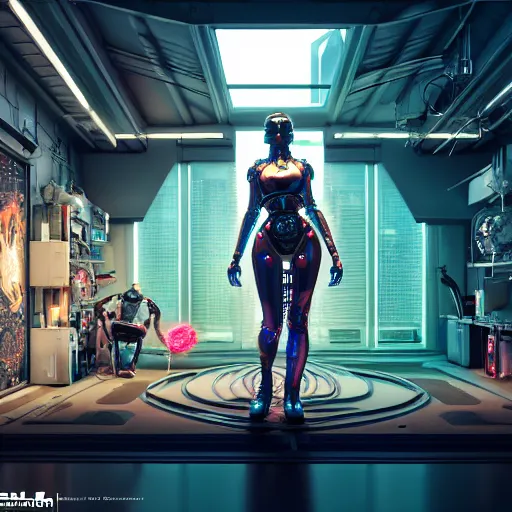 Prompt: a beautiful highly detailed futuristic mechanical lady in seductive confident pose, cyberpunk garage on jupiter, filled with people, art by geof darrow, 4 k, octane render