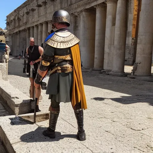 Prompt: photo of a Roman soldier checking his smartphone