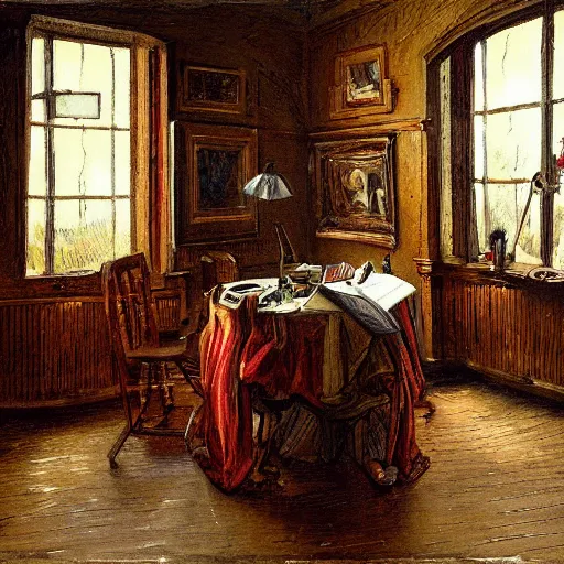 Prompt: painting of the room of an artist, very detailed