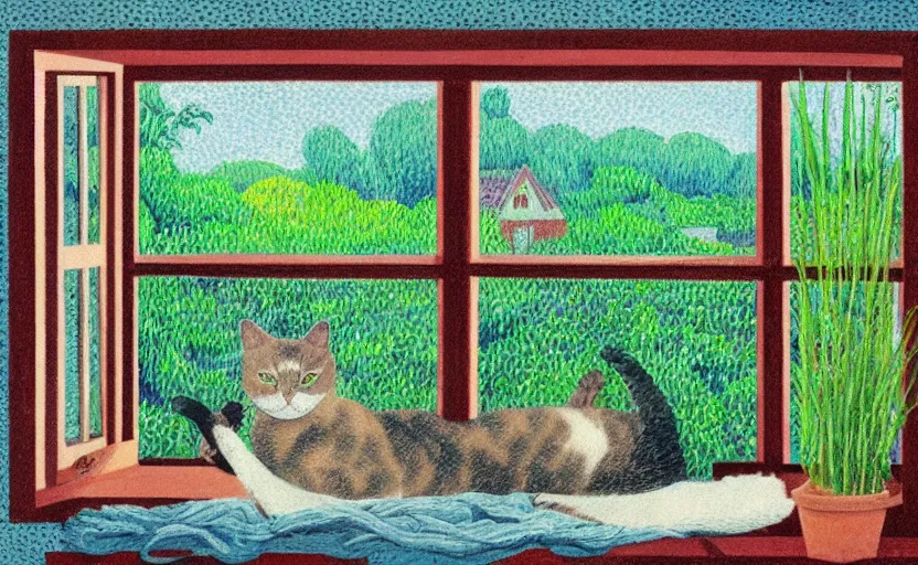 Prompt: sleeping cat on window, inside house in village, plants, divisionism and pointillism style