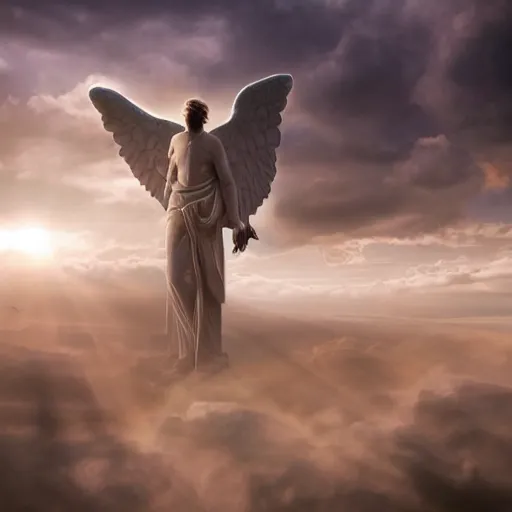 Image similar to gigantic biblical depiction of an angel towering over a vast landscape, cinematic, realistic, geometric body, photorealistic, detailed, white body, global illumination, volumetric lighting, 8 k, god rays, beautiful, majestic clouds