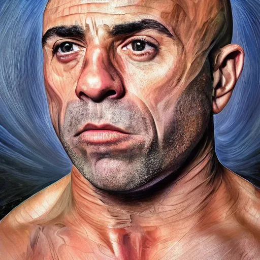 Image similar to joe rogan wearing a dress, oil painting, full body image, hyper realistic, close up, symmetrical, 4 k, highly ornate intricate details,