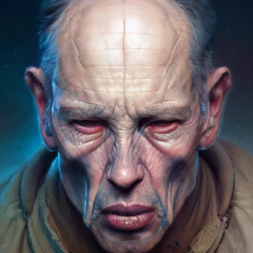 Image similar to a hyper - realistic character concept art portrait of a man in agony on a depth of field background, artstation, award - winning realistic sci - fi concept art by jim burns and greg rutkowski, beksinski, a realism masterpiece, flesh - tone color palette, james gilleard, bruegel, alphonse mucha, and yoshitaka amano.