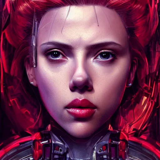 Image similar to scarlett johansson portrait, dystopia core, apocalyptic, armor, warrior, dramatic, sharp focus, fiction, neon, fantasy, hyper detailed, digital art, trending in artstation, cinematic lighting, studio quality, smooth render, unreal engine 5 rendered, octane rendered, art style and nixeu and wlop and krenz cushart