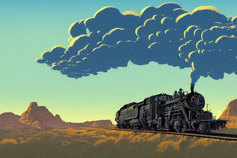 Image similar to old western freight train illustration by joe fenton and syd mead and p. craig russell and barry windsor - smith, artstation, 4 k, graphic novel, concept art, matte painting, steam engine spewing billowy white clouds of steam, beautiful idyllic mountain desert sunset background, golden hour, art nouveau