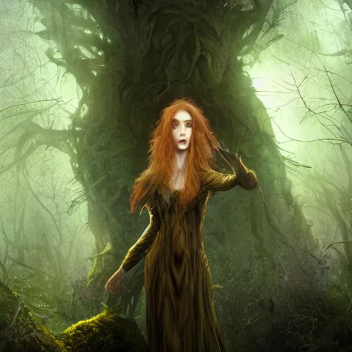 Prompt: cinematic portrait of a dryad, inspired by brian froud, dungeons and dragons art, in an evening autumn forest, sunset evening lighting, ominous shadows by jessica rossier and hr giger