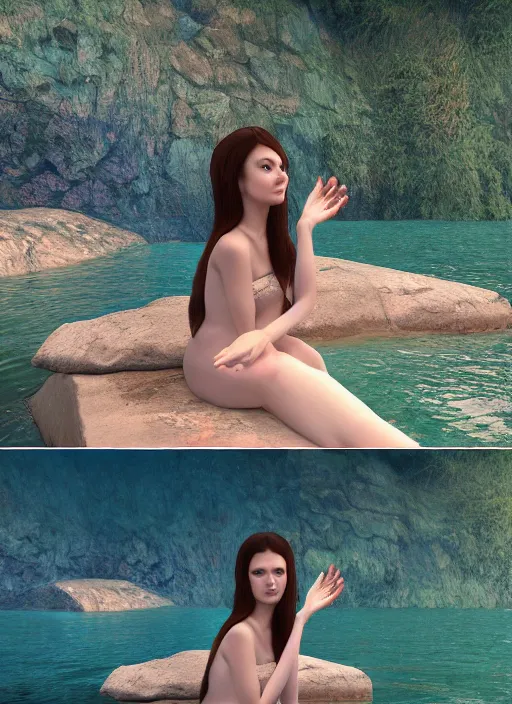 Image similar to slavic girl sitting near the lake ; mermaids in the water ; mystic dust ; unreal engine ; photorealistic