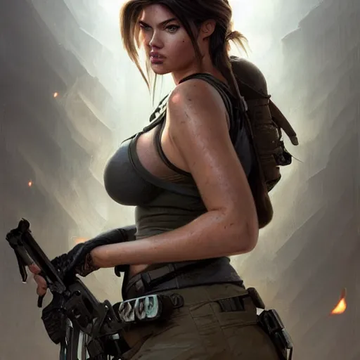 Image similar to portrait of Kate Upton as Lara Croft, looking at camera, intricate, dystopian, sci-fi, extremely detailed, octane render, digital painting, concept art, smooth, sharp focus, illustration, incredible art by artgerm and greg rutkowski and alphonse mucha and simon stalenhag